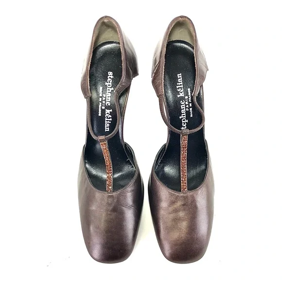 Stephane Kelian Bronze Leather Beaded T-Strap Heels - Picture 6 of 13